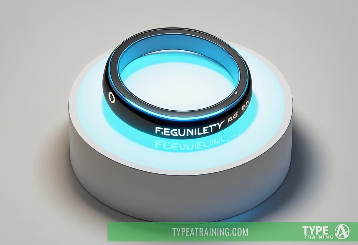 A smart ring displayed on a pedestal with a spotlight shining down, surrounded by question marks and a bold "Frequently Asked Questions" text