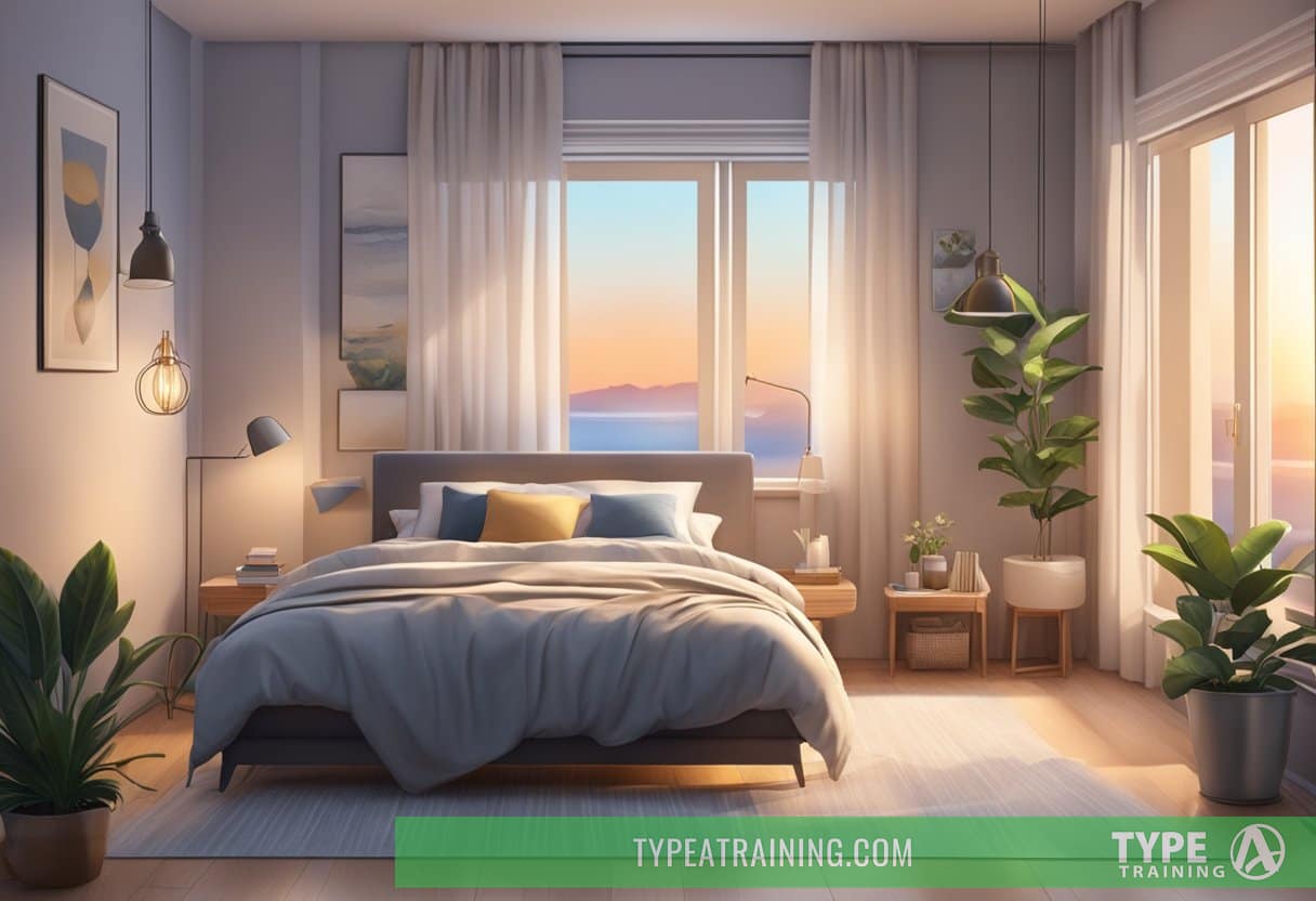 A peaceful bedroom with a cozy bed, soft lighting, and a serene atmosphere. A sense of relaxation and contentment fills the air, promoting improved sleep health