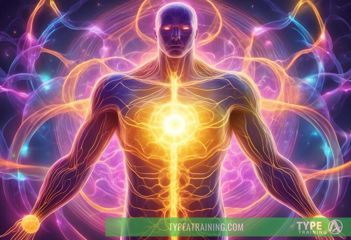 A glowing immune system surrounded by vibrant energy waves