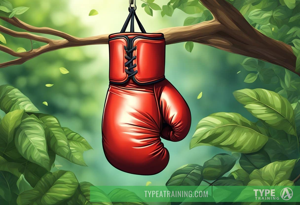 A boxing glove hangs from a tree branch, surrounded by lush greenery and a serene atmosphere, symbolizing mental well-being and the potential for weight loss through boxing