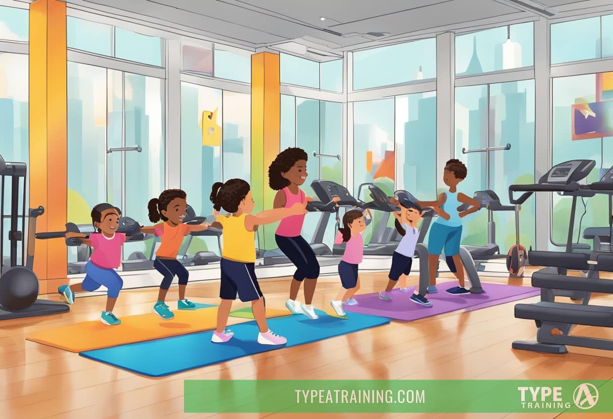 Children exercising with personal trainers in a vibrant New York City gym
