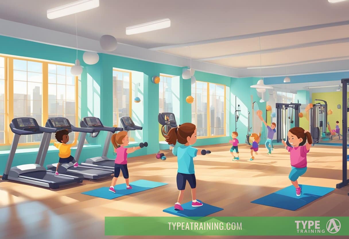 Children exercising with personal trainers in a bright, spacious gym in NYC, with colorful equipment and motivational posters on the walls