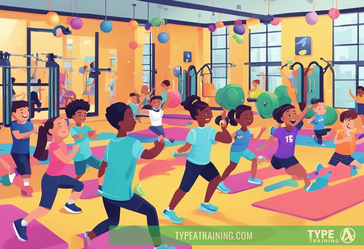 A group of kids engaging in fun and interactive exercises with personal trainers in a vibrant and energetic gym setting in NYC