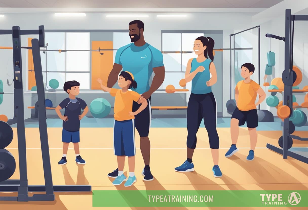 A child stands in a gym, surrounded by personal trainers in NYC. The trainers are engaging, patient, and enthusiastic as they interact with the child