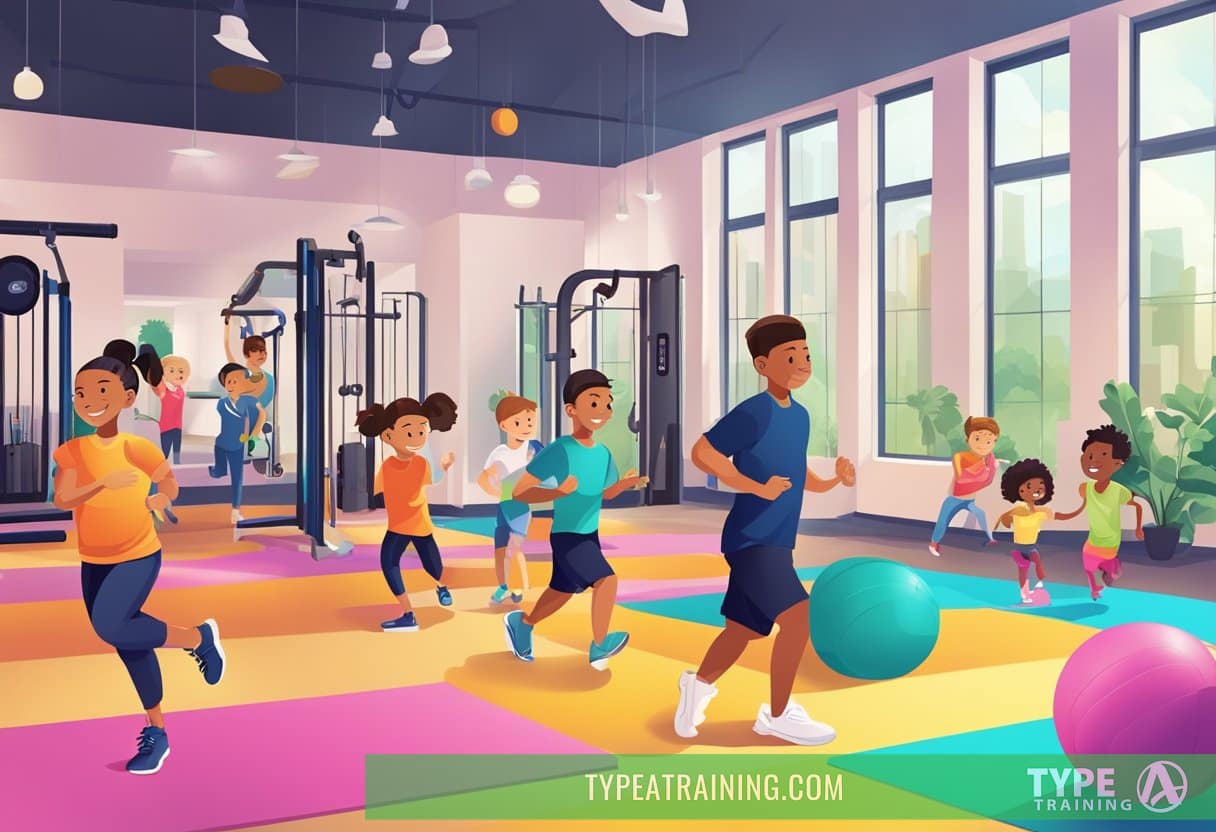 Children engaged in various fitness activities with personal trainers in a vibrant gym setting in NYC