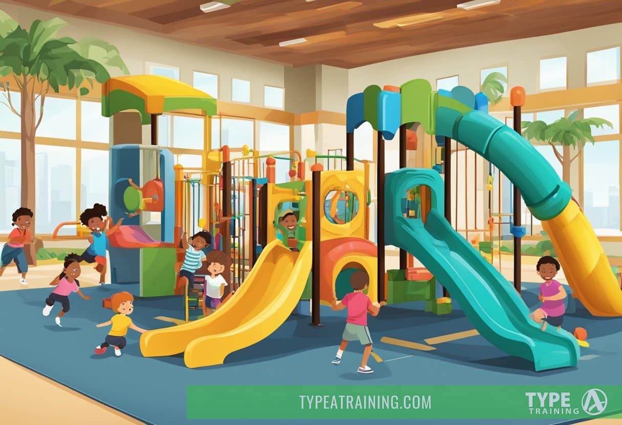 Children laughing and playing while exercising in a colorful gym with jungle gym, slides, and fun equipment