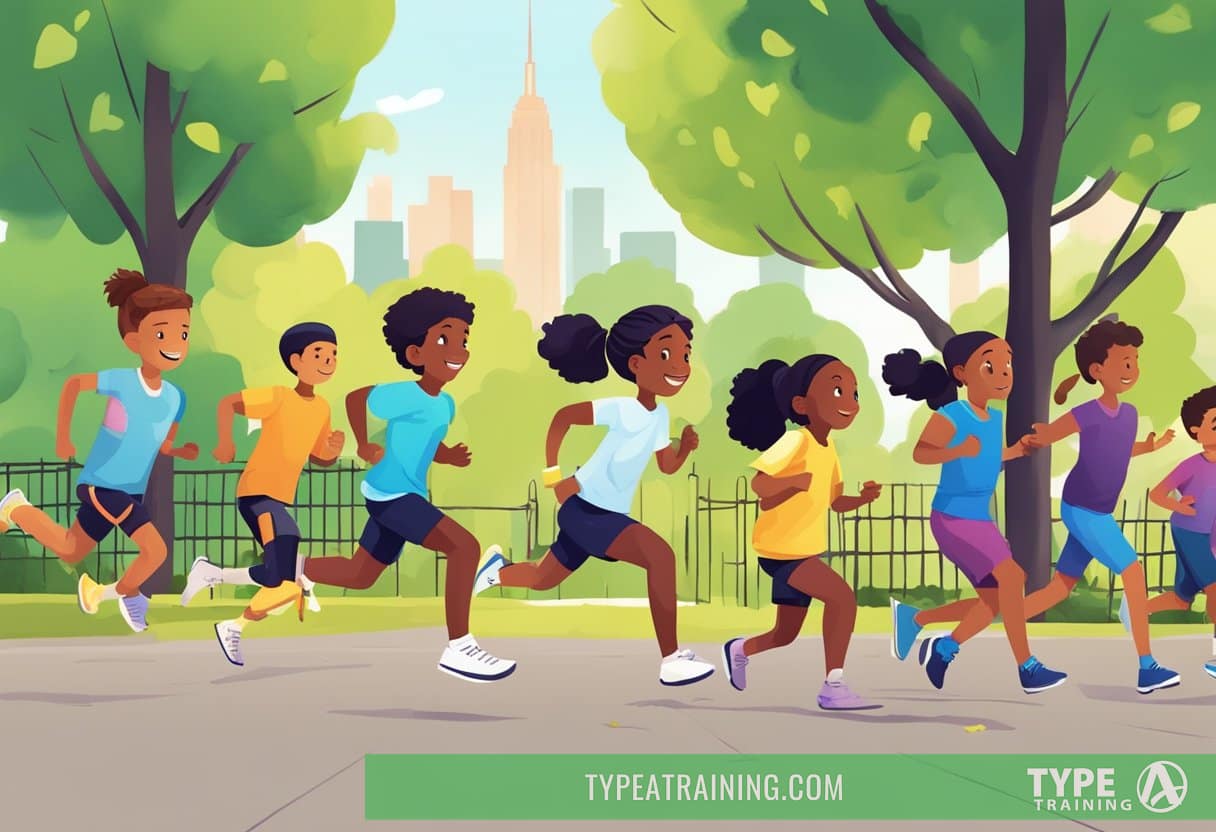 A group of active kids engage in outdoor activities with personal trainers in a vibrant New York City park. They run, jump, and play while learning about nutrition and healthy lifestyle choices