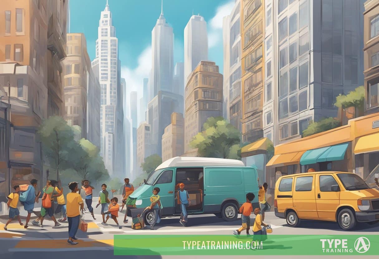 A bustling city street with skyscrapers in the background, a group of trainers unloading equipment from a van, while children play and laugh nearby