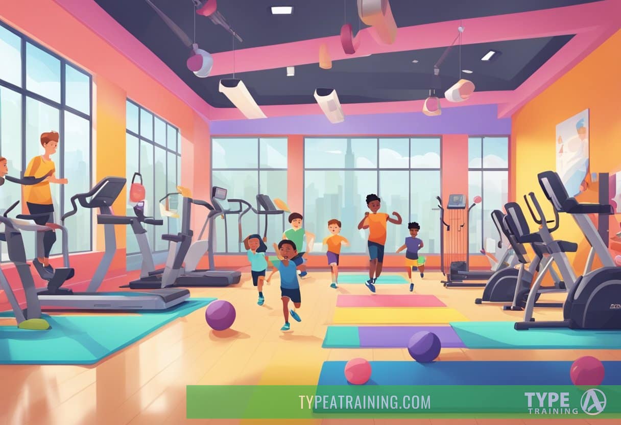 A group of kids engaging in various physical activities with a personal trainer in a lively and colorful gym setting in NYC
