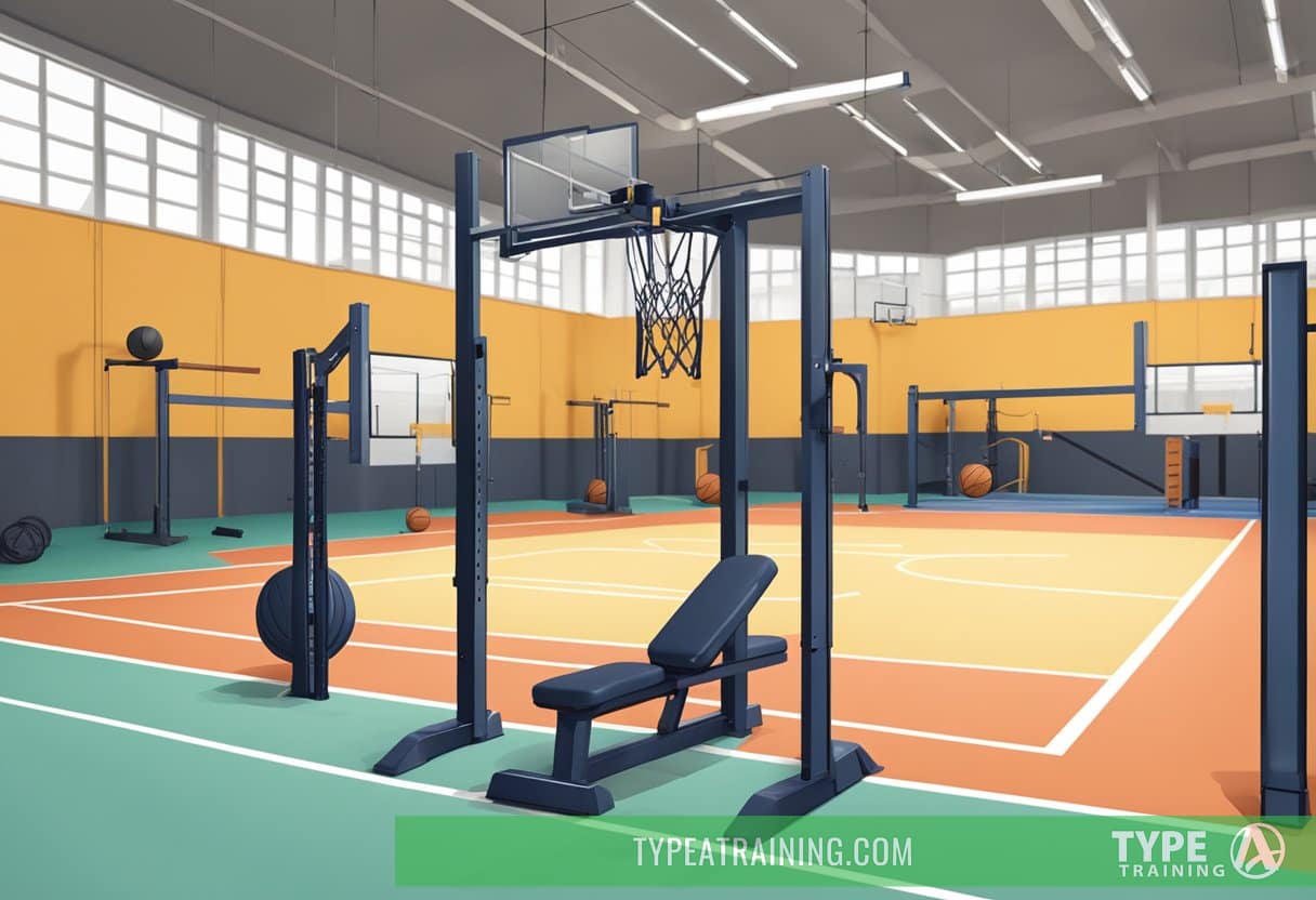 A basketball court with weight training equipment set up along the sidelines, including dumbbells, barbells, and resistance bands