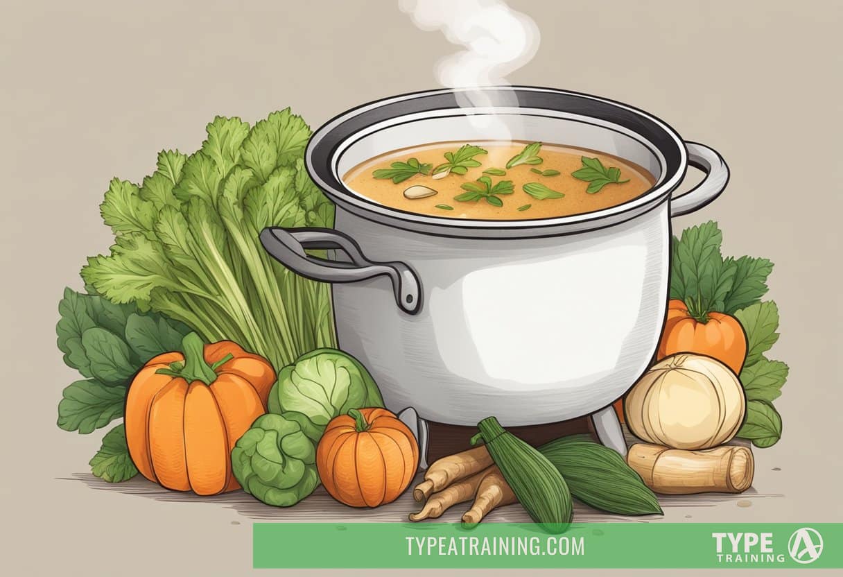 A steaming pot of bone broth surrounded by fresh vegetables and herbs, with a warm, comforting aroma rising from the pot
