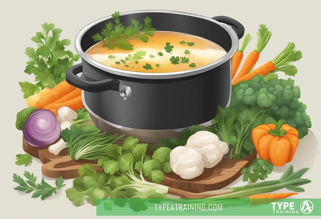 A simmering pot of bone broth with steam rising, surrounded by fresh herbs and vegetables