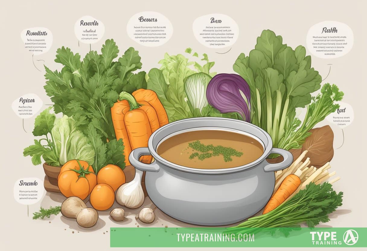 A steaming pot of bone broth surrounded by fresh vegetables and herbs, with a label listing its nutritional profile and health benefits