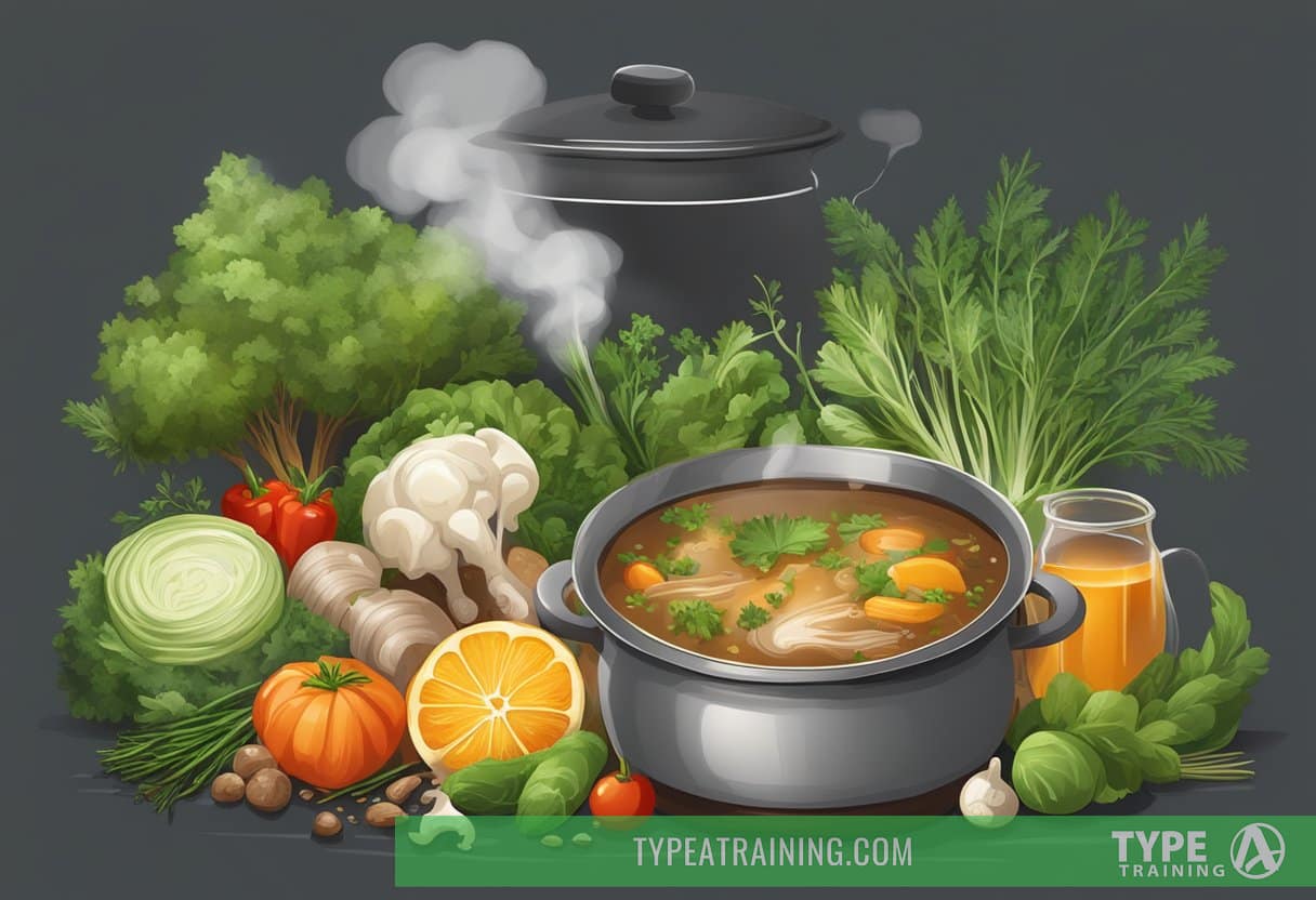 A steaming pot of bone broth surrounded by fresh vegetables and herbs, with a warm and inviting atmosphere