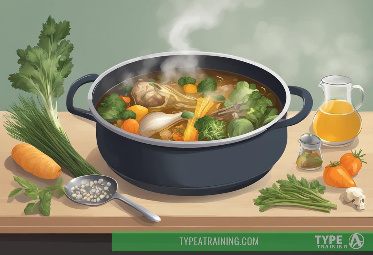 A pot simmering with bones, vegetables, and herbs. Steam rises, filling the kitchen with a rich, savory aroma. A ladle rests on the side, ready to scoop up the nourishing broth