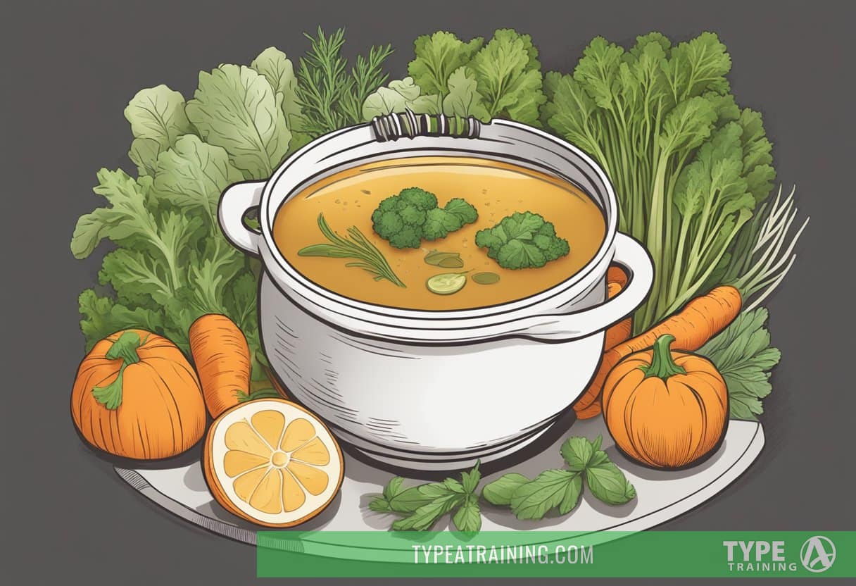 A steaming pot of bone broth surrounded by fresh vegetables and herbs, with a label highlighting its benefits for weight management and overall health