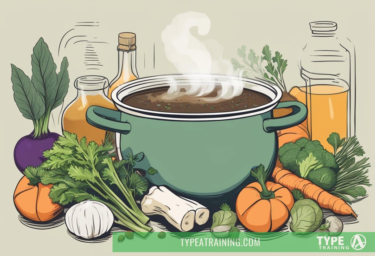 A steaming pot of bone broth surrounded by various ingredients like vegetables and herbs, with a caution sign and a list of health benefits displayed nearby