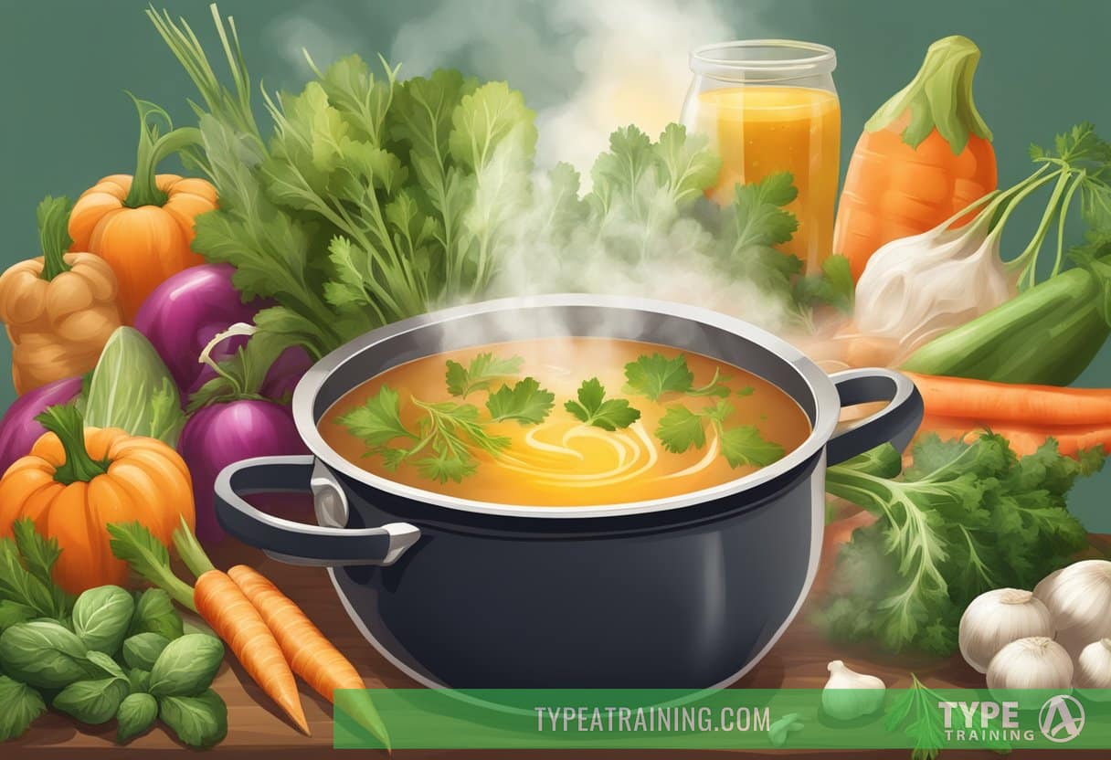 A steaming pot of bone broth surrounded by fresh vegetables and herbs, with a warm, comforting glow emanating from the liquid