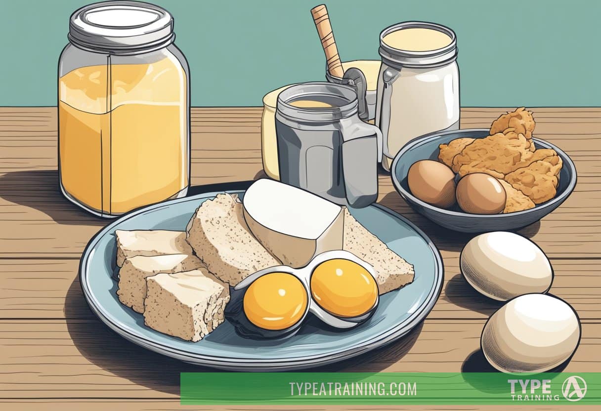 A hand reaches for a selection of protein sources, including eggs, chicken, and tofu. A protein shake sits on the counter, ready to be consumed before or after a workout