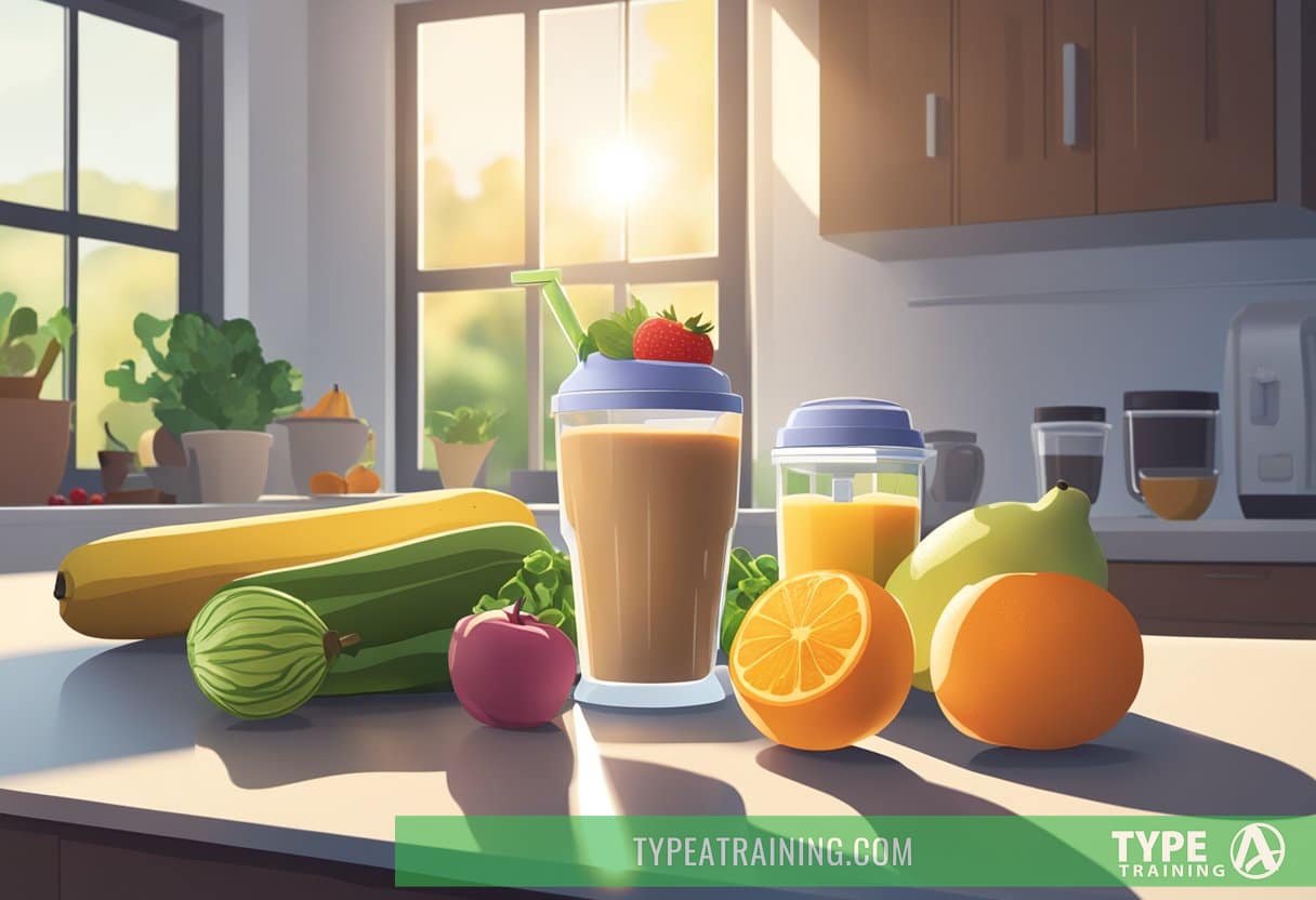 A protein shake sits on a kitchen counter, surrounded by various fruits, vegetables, and a blender. The sun shines through the window, casting a warm glow on the scene