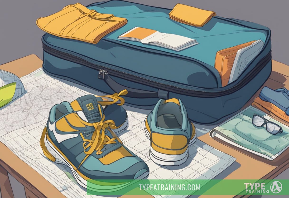 A suitcase packed with workout gear, a passport, and a map on a table. A yoga mat and running shoes nearby