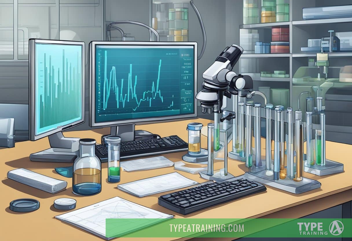 A lab table with test tubes, vials, and scientific equipment. A microscope and a computer displaying immune system data