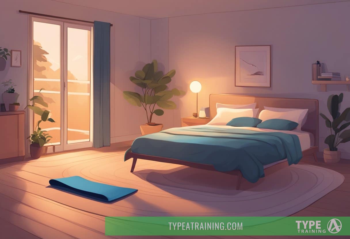 A serene bedroom with dim lighting, a yoga mat on the floor, and a person stretching or doing gentle yoga poses before bedtime
