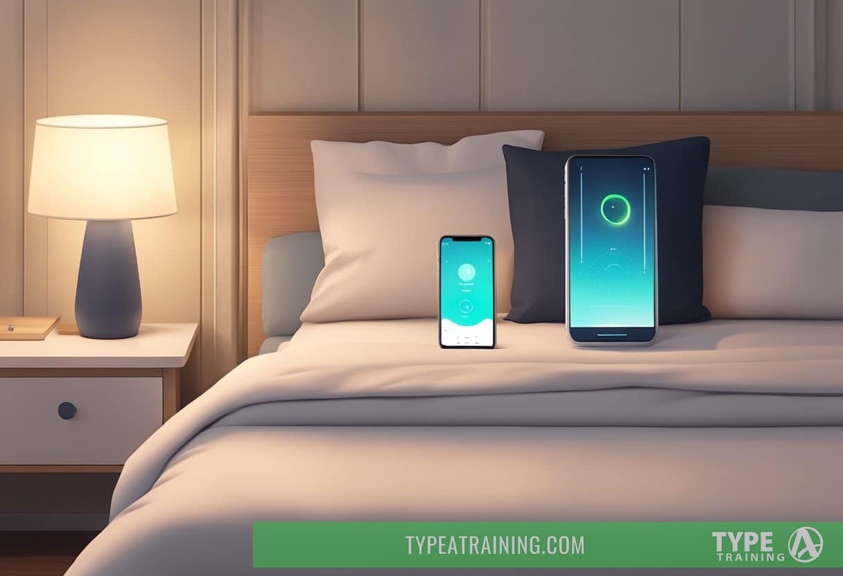 A serene bedroom with a cozy bed, soft lighting, and a smartphone displaying the SleepScore app on the nightstand