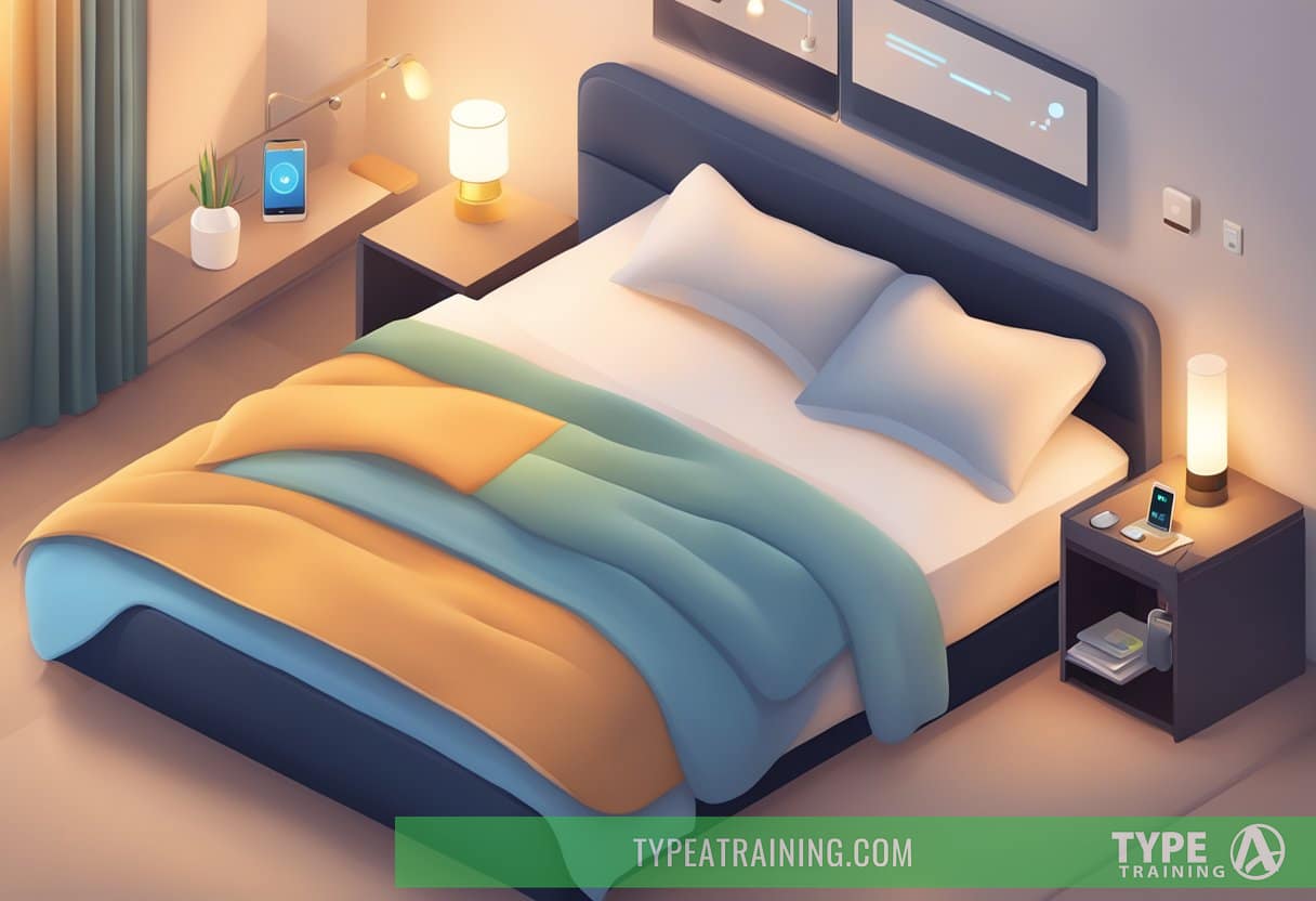 A cozy bed with a phone displaying sleep app icons, soft pillows, and a warm bedside lamp