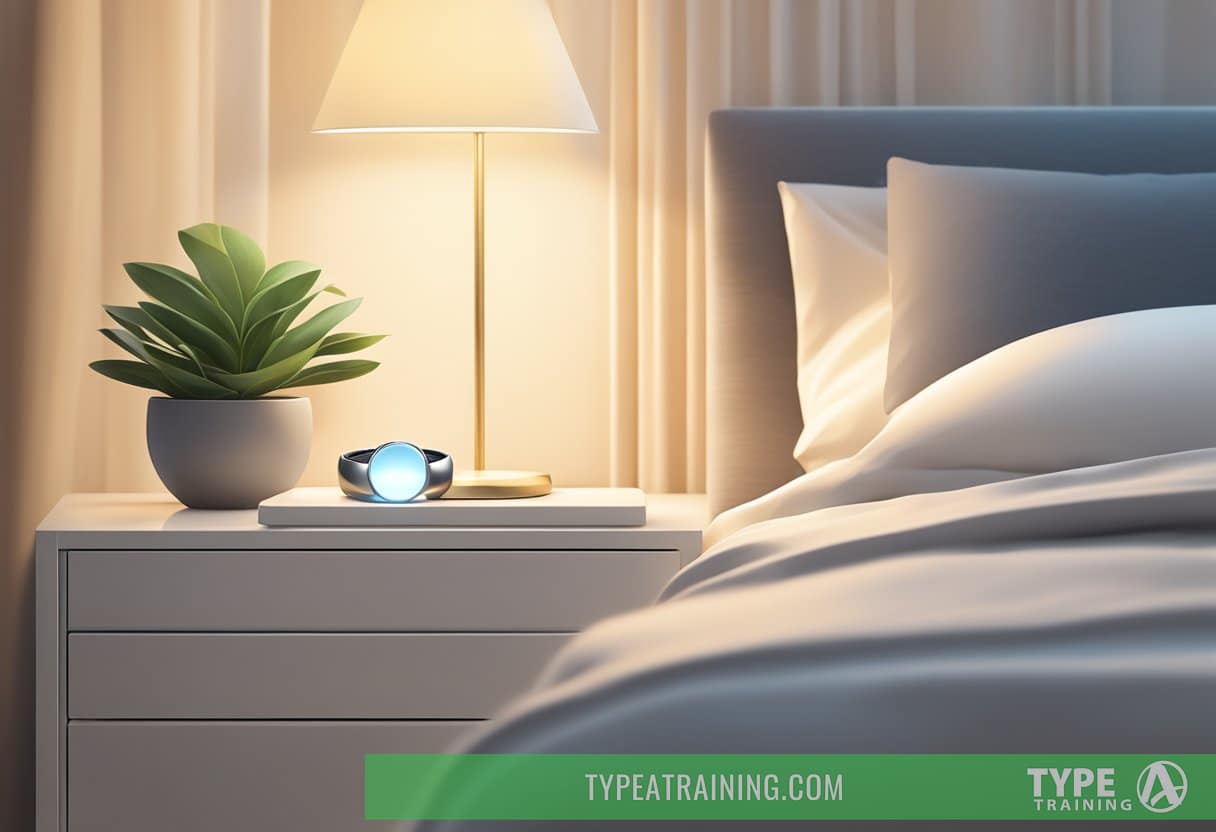A sleek smart ring resting on a nightstand, surrounded by a soft glow, with a tranquil bedroom in the background