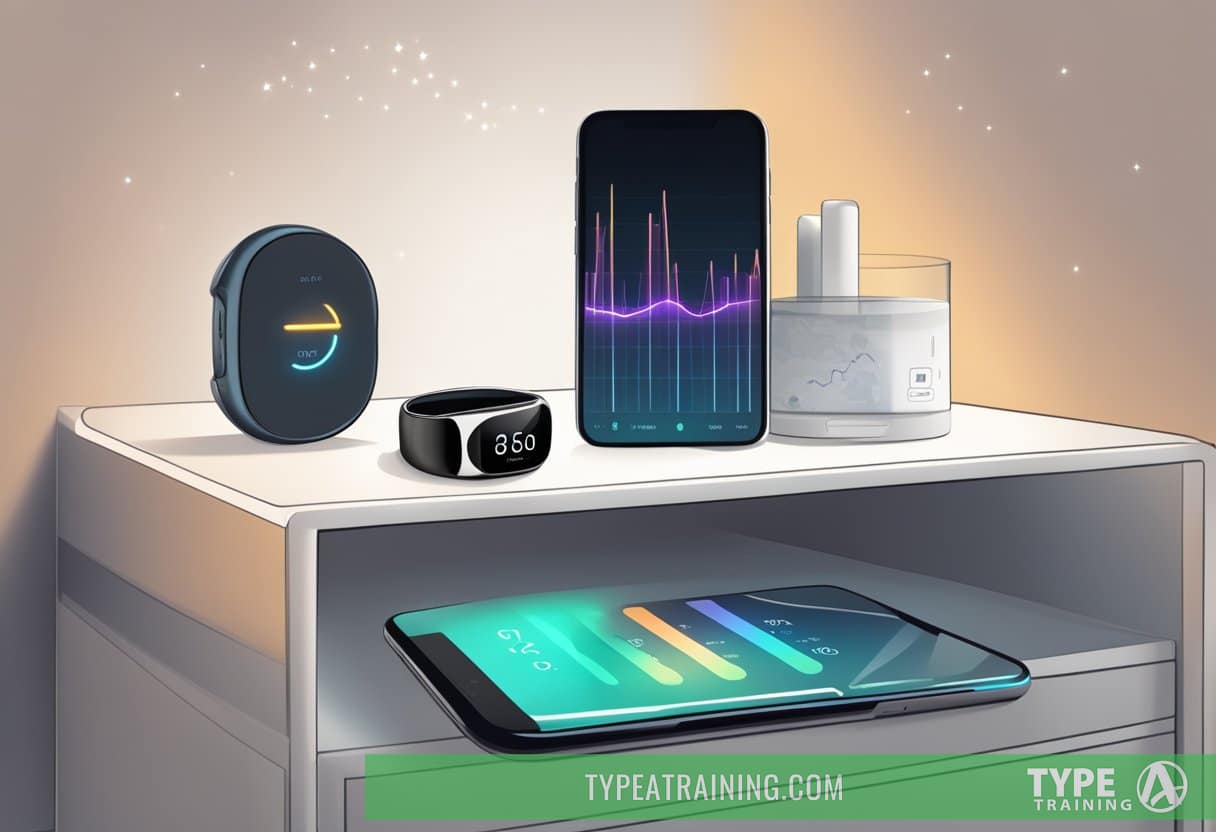 A smart ring placed on a nightstand next to a smartphone displaying sleep metrics on the screen