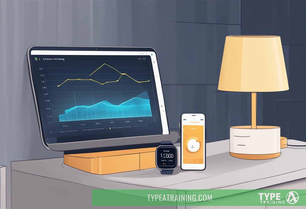 A smart ring placed on a nightstand next to a sleep tracking device. A chart showing sleep data displayed on a digital screen