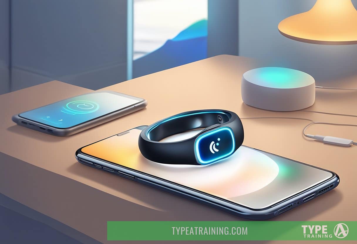 A smart ring sits on a bedside table, glowing softly as it wirelessly syncs with a sleep tracking app on a smartphone