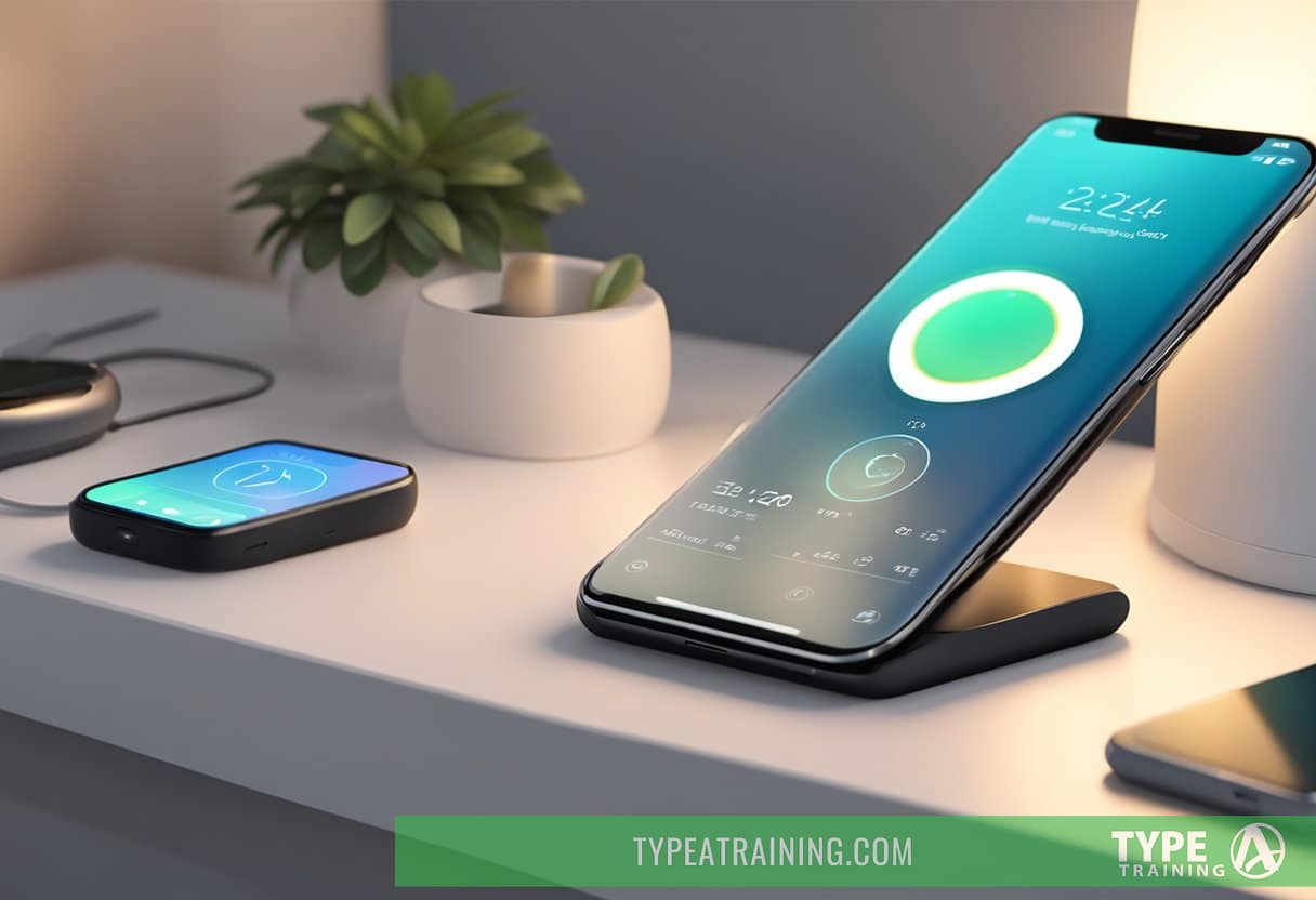 A sleek smart ring resting on a bedside table, glowing softly with sleep tracking data displayed on a nearby smartphone