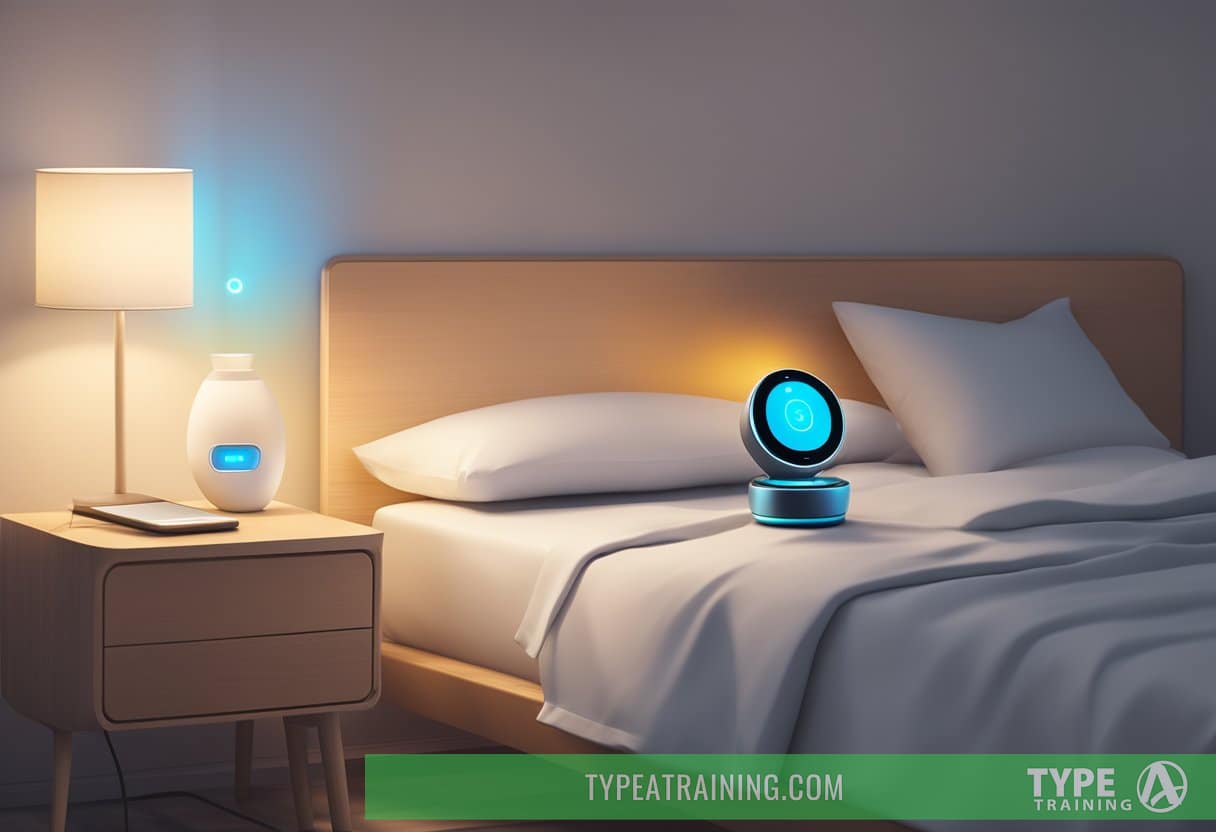 A smart ring glowing on a bedside table, casting a soft light on a sleep tracking app displayed on a smartphone