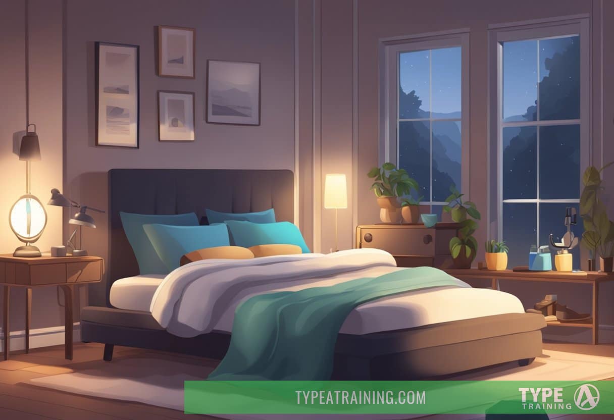 A serene, dimly lit bedroom with a cozy bed, a peaceful atmosphere, and a clock showing a late hour, surrounded by fitness equipment and protein supplements
