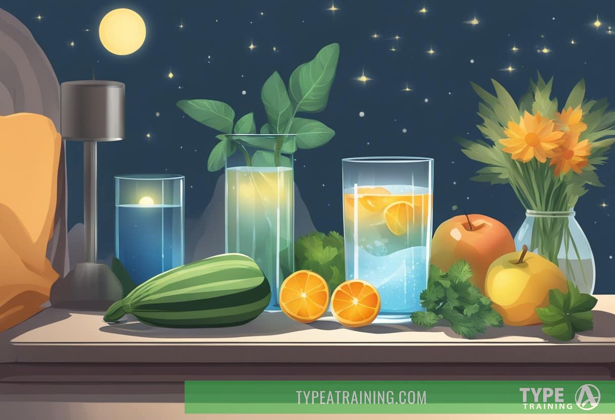A serene night scene with a glass of water on a bedside table, surrounded by fruits and vegetables, symbolizing the connection between hydration and better sleep