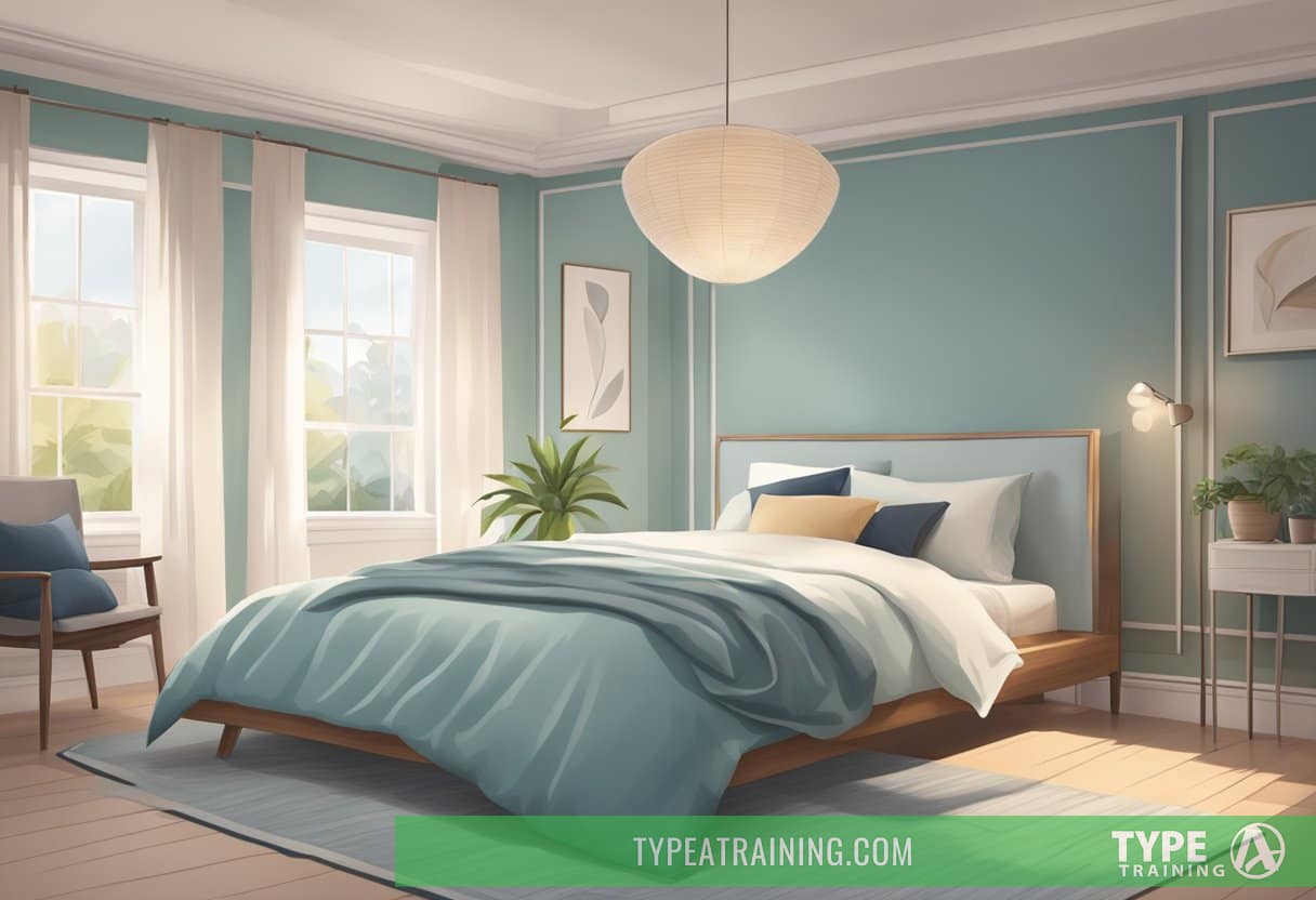 A serene bedroom with a fan blowing on a neatly made bed adorned with cooling sheets in a soothing color palette
