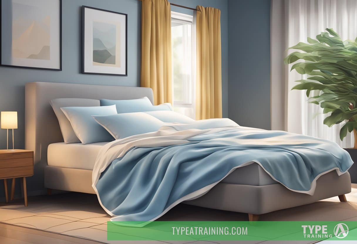 A bed with a set of cooling sheets draped over it, with a fan blowing gently in the background to create a cool and comfortable sleeping environment