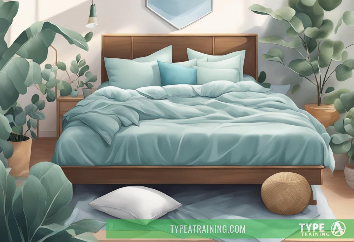 A bed with eucalyptus sheets, surrounded by cool, refreshing imagery such as ice cubes, fans, and a breeze