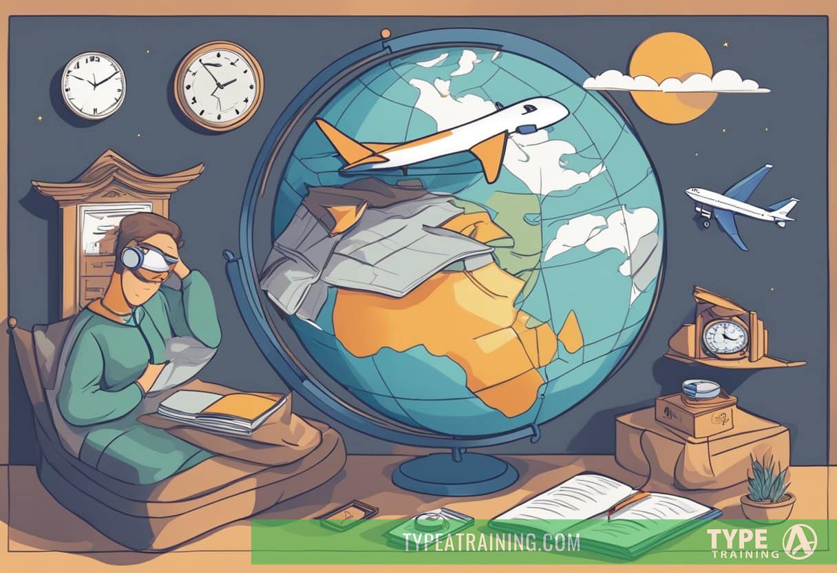 A globe with a plane flying around it, a clock showing different time zones, and a person sleeping in a comfortable bed with an eye mask on