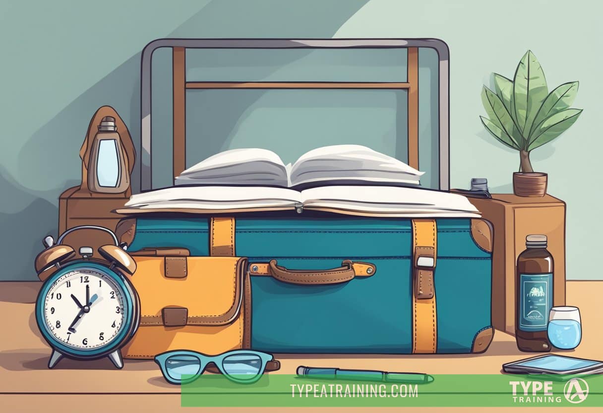 A suitcase packed with travel essentials, a sleep mask, and a bottle of water on a bedside table with a clock showing different time zones