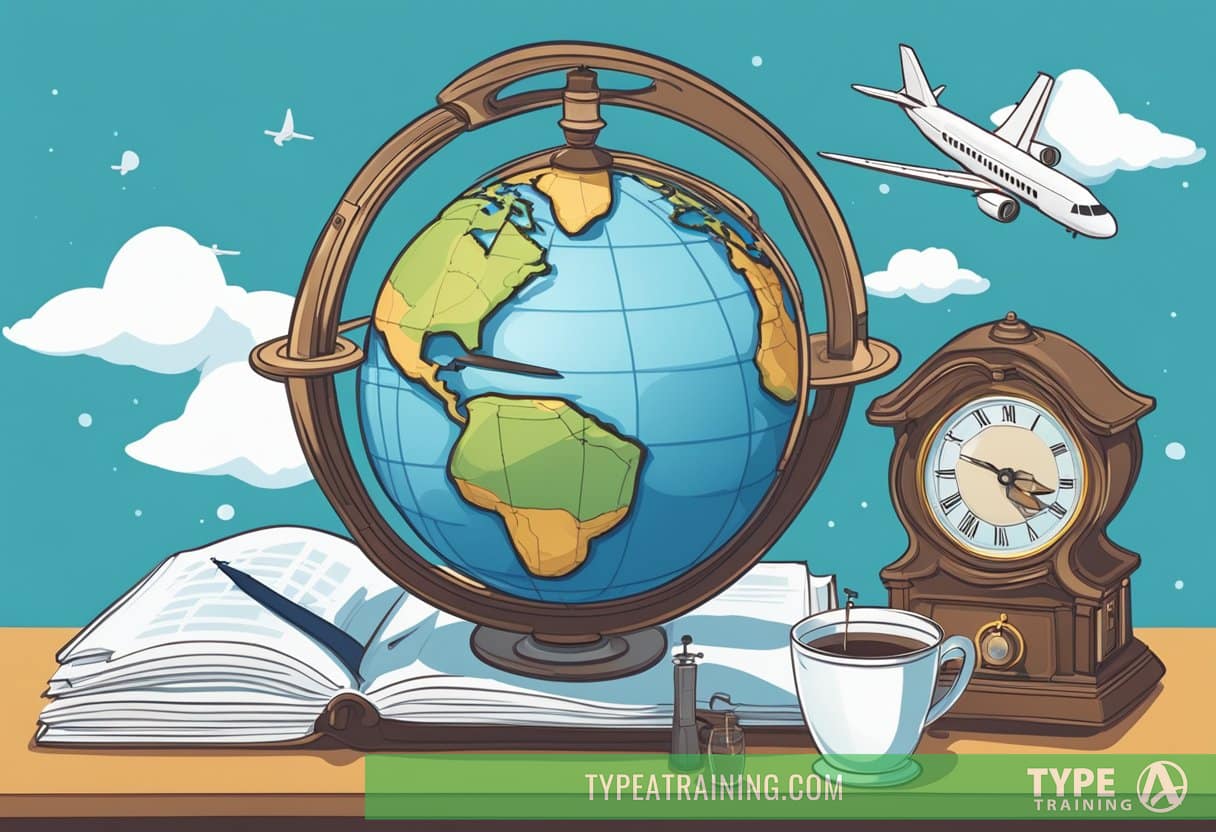 A globe surrounded by a clock, a pillow, and a cup of water, with a plane flying across the sky
