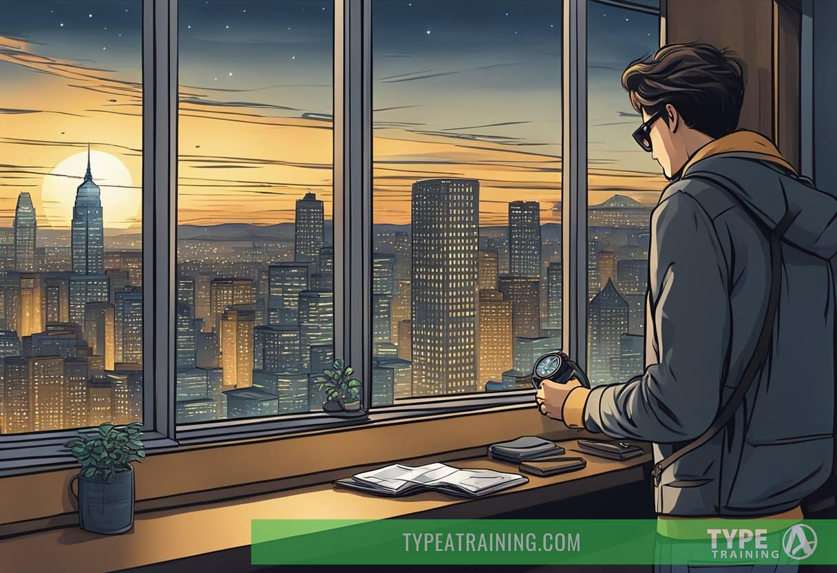 A traveler adjusting their watch while standing in front of a window with a view of a city skyline at night