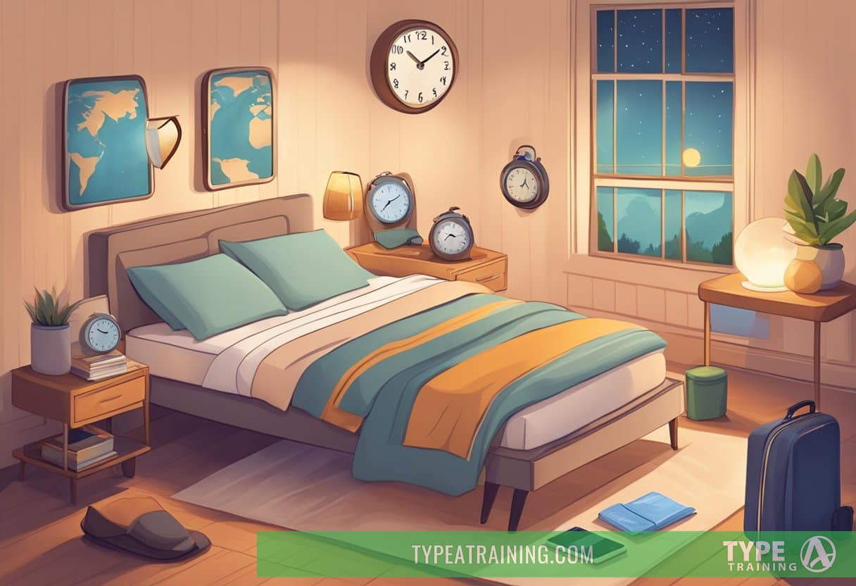 A cozy bedroom with an open suitcase, travel pillow, and eye mask on the bed. A clock on the nightstand reads different time zones