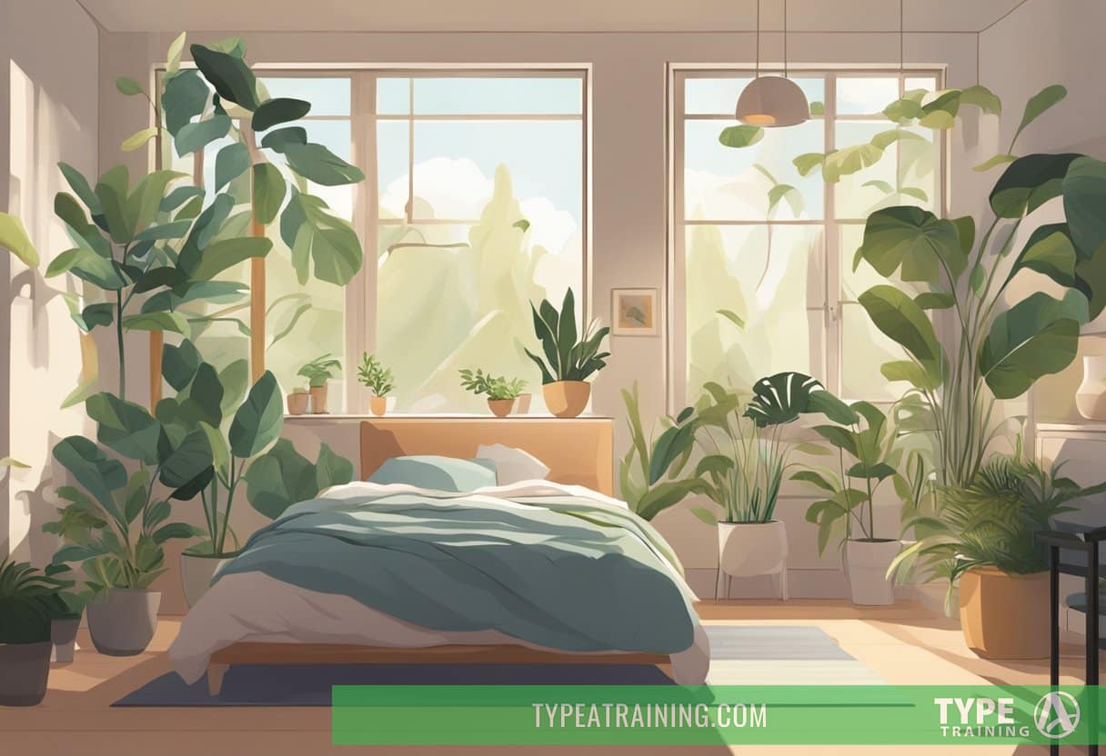 A person exercising in a peaceful bedroom, surrounded by calming elements like plants and soft lighting