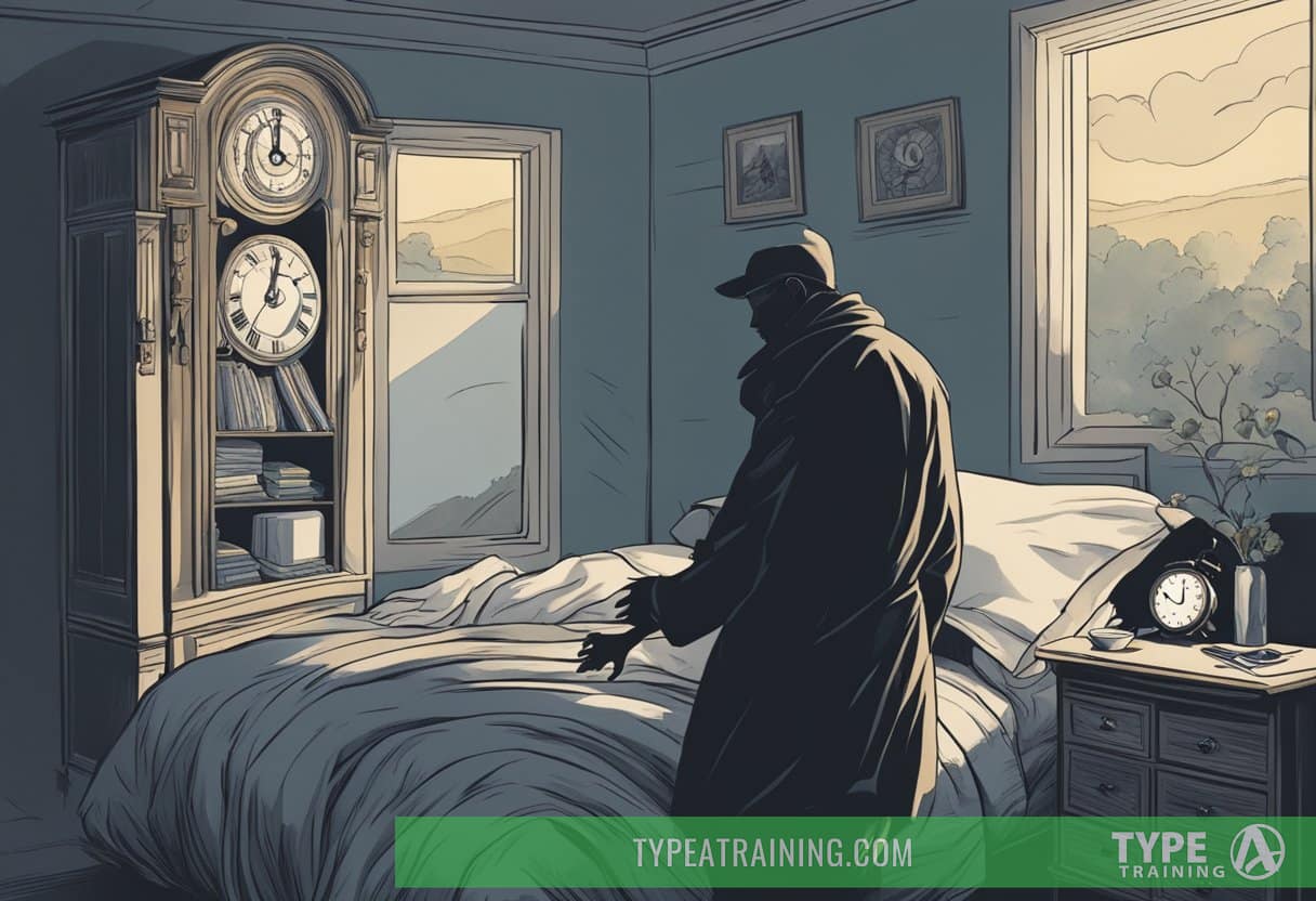 A shadowy figure tosses and turns in bed, surrounded by haunting memories. A clock ticks loudly in the background, emphasizing the struggle to find peace