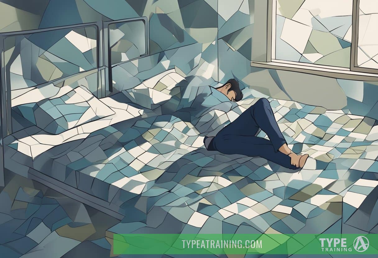A figure tossing and turning in bed, surrounded by shadows and fragmented images, symbolizing the sleep disturbances experienced in the context of PTSD