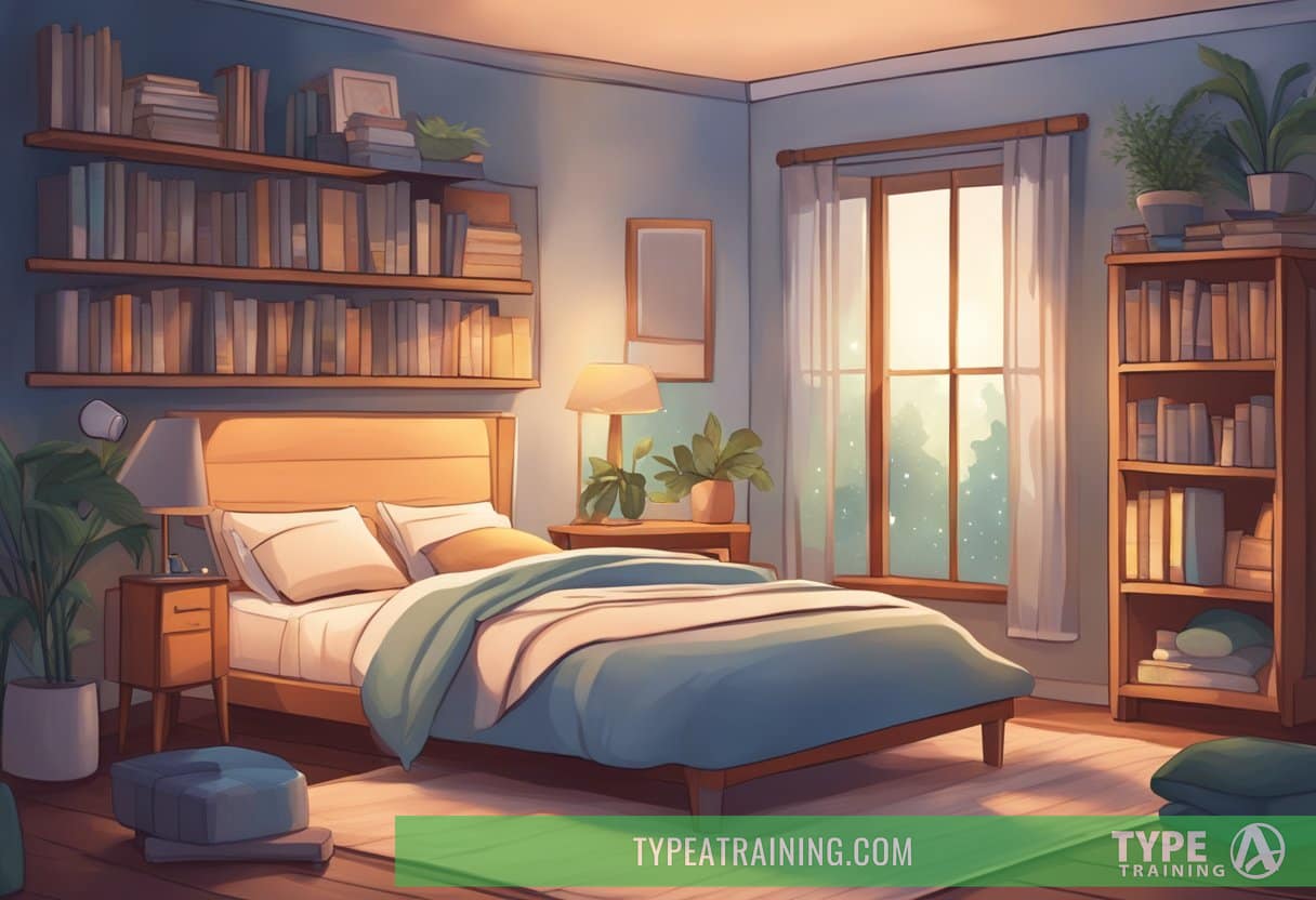 A peaceful bedroom with a cozy bed, soft lighting, and calming decor. A bookshelf filled with self-help books and a soothing sound machine on the nightstand