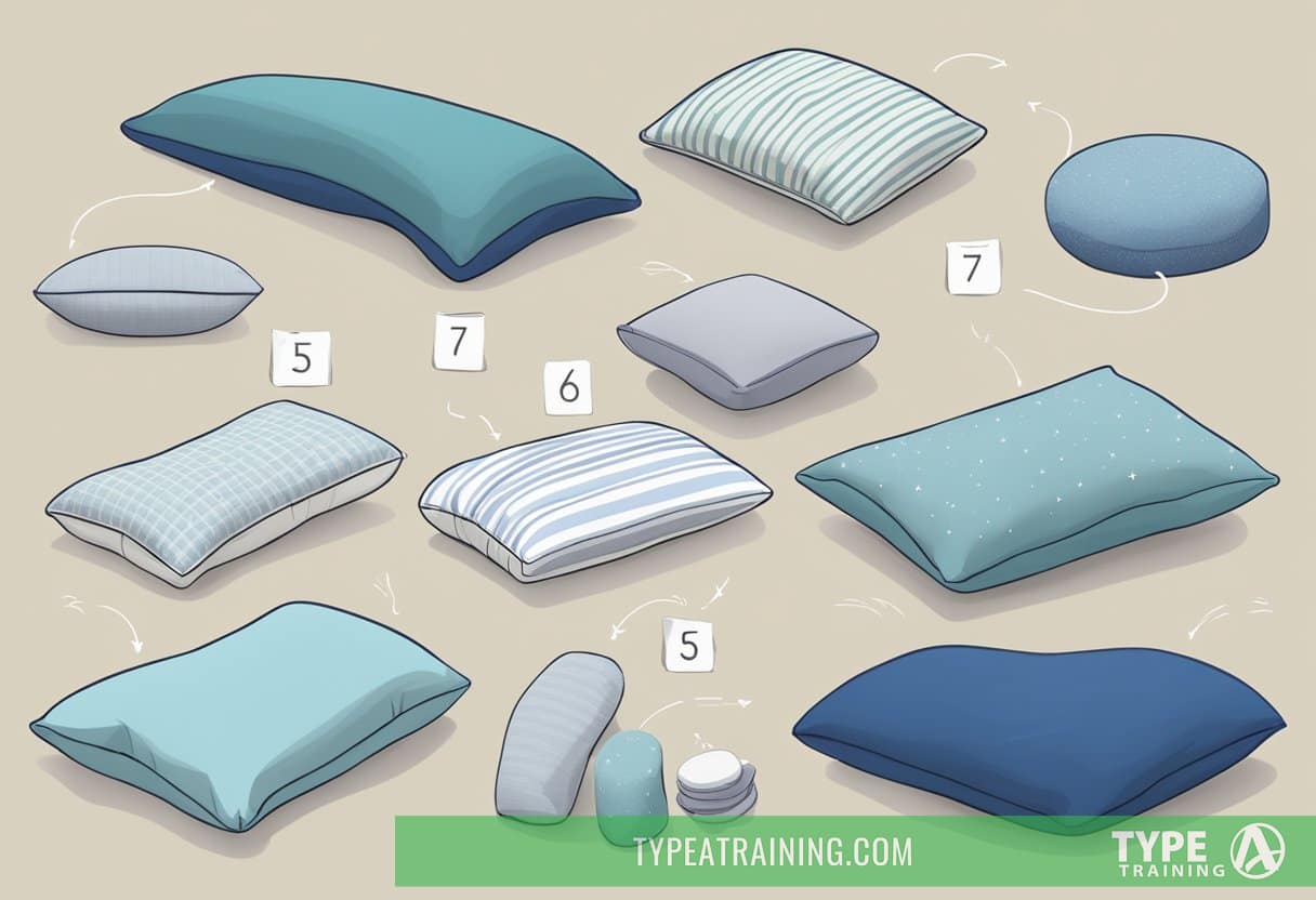 A variety of pillows in different shapes and sizes displayed on a bed, with labels indicating their intended use for optimal sleep and neck support
